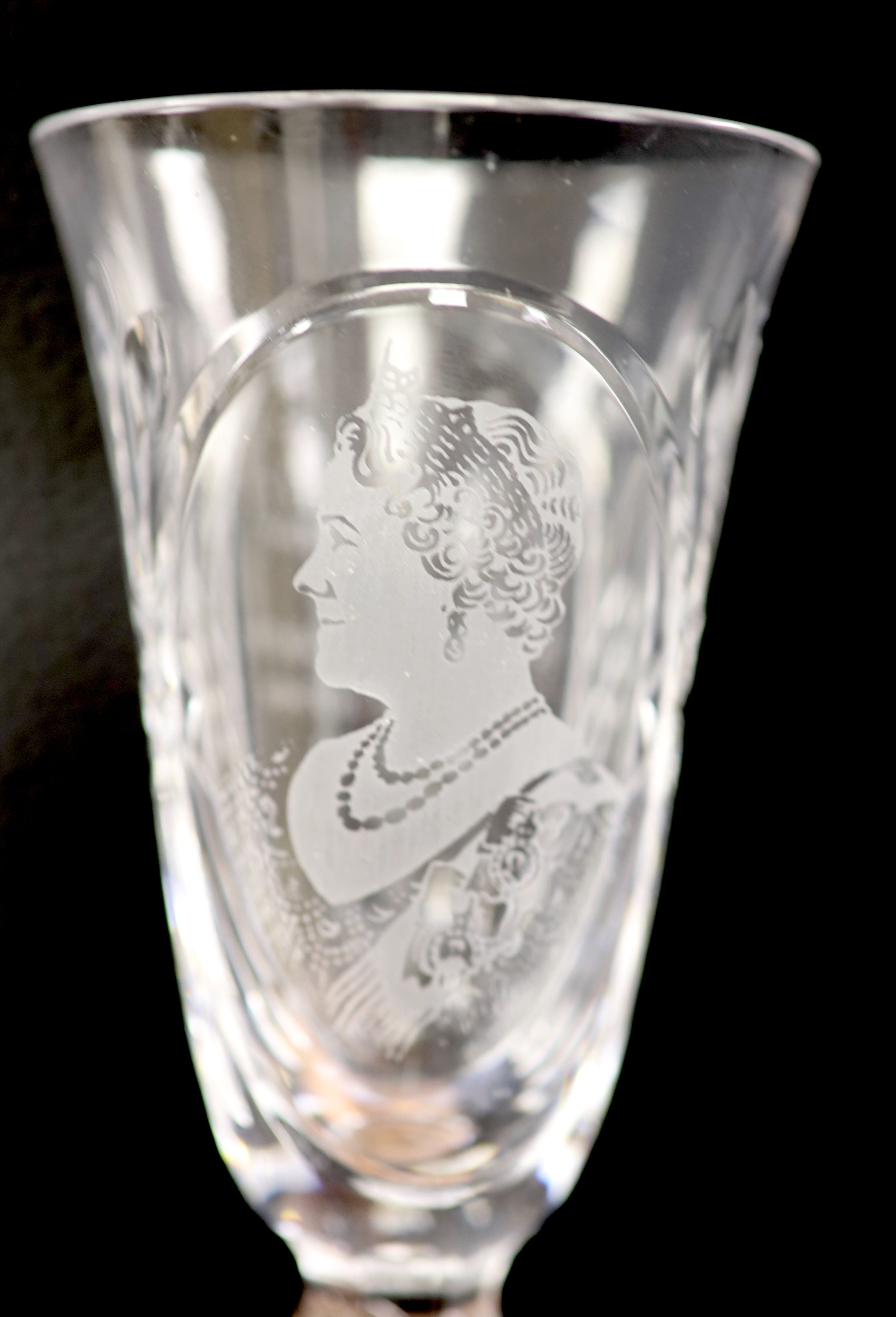 Twelve commemorative glass goblets